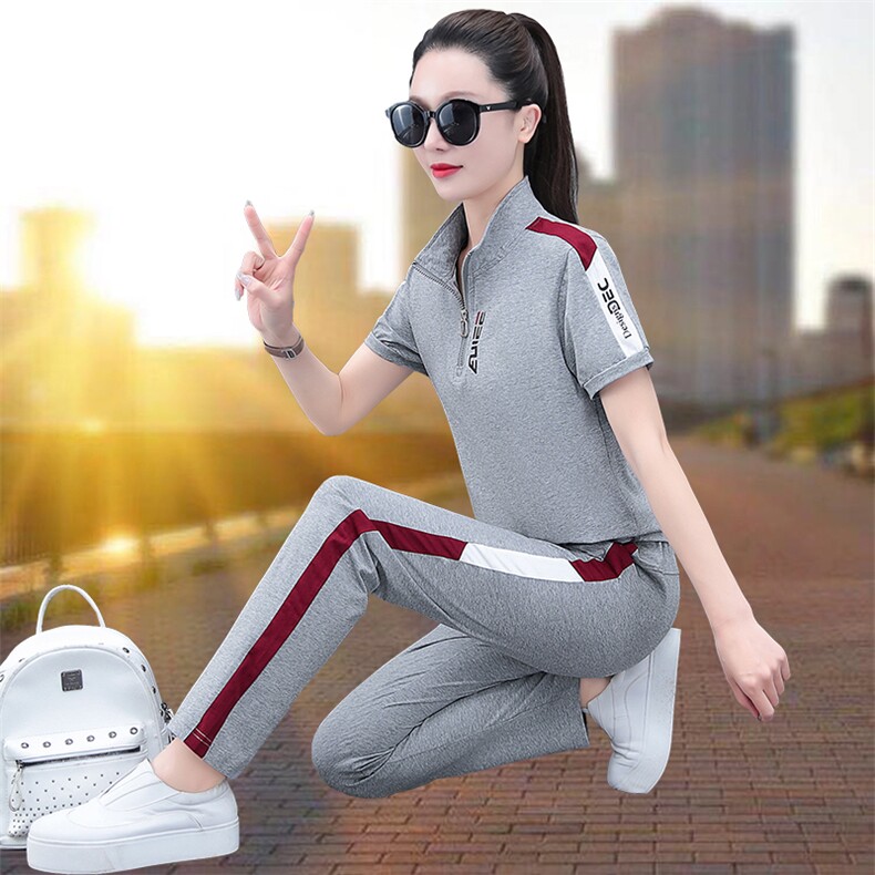 燕颉运动套装女夏季薄款2023年妈妈纯棉休闲跑步服宽松短袖两件套,女装套装/套裙,燕颉服饰