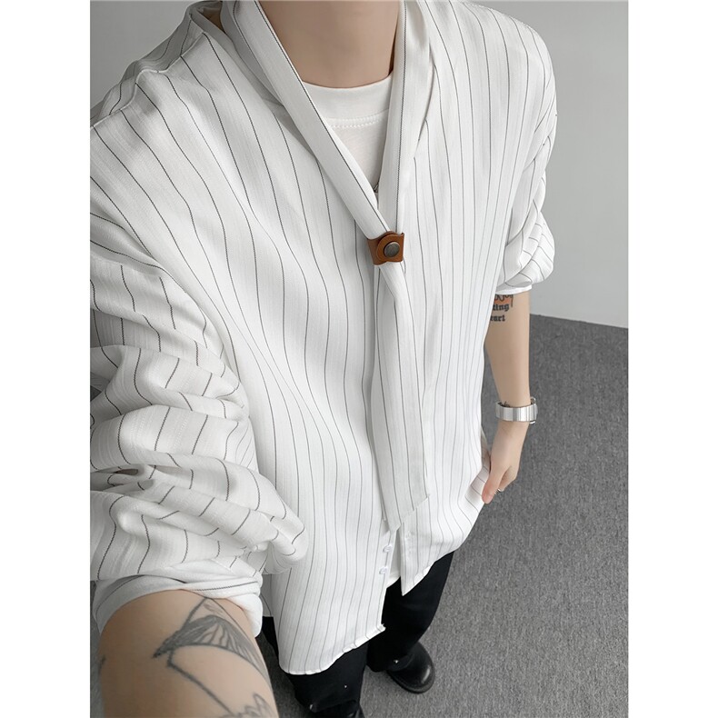 春秋季薄款老钱风休闲自带领带男慵懒风衬衫宽松时尚衬衣搭配，男装衬衫，电商B319