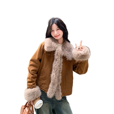 复古时髦毛毛拼接外套女2025冬新款短款加厚保暖美拉德高级感上衣，女装棉衣/棉服，2C029