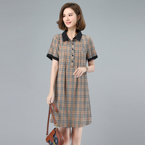 格子连衣裙女2022年夏季新款衬衫裙薄款显瘦甜美中年妈妈休闲裙子,女装连衣裙,涵誉