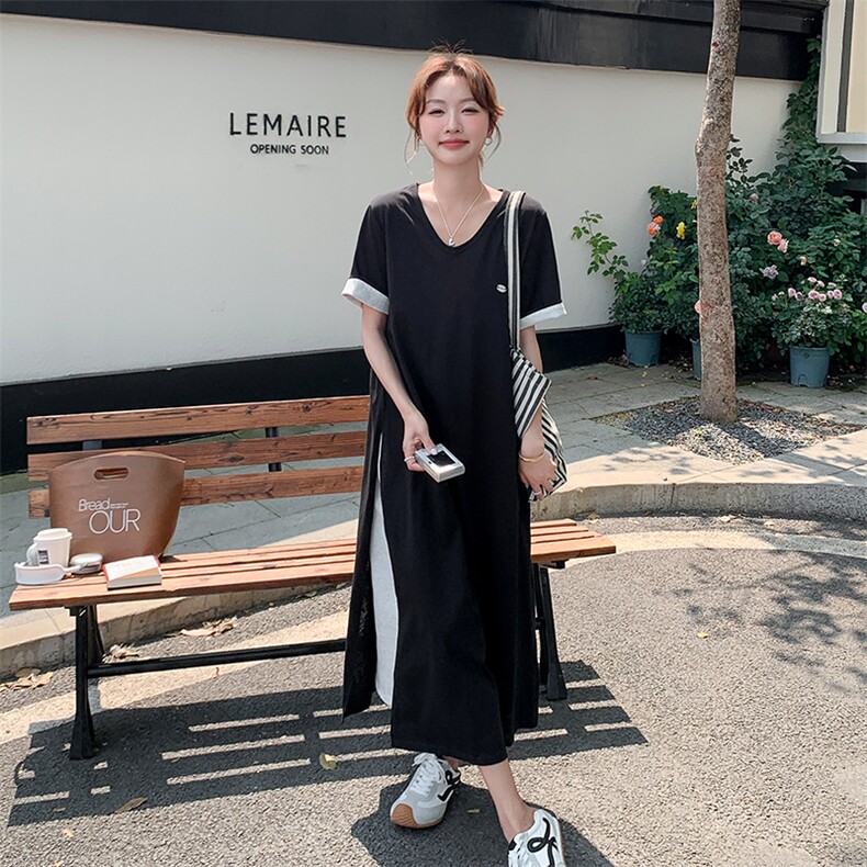 黑色休闲显瘦t恤裙夏季新款设计感假两件轻薄撞色气质连衣裙女裙,女装连衣裙,2C285