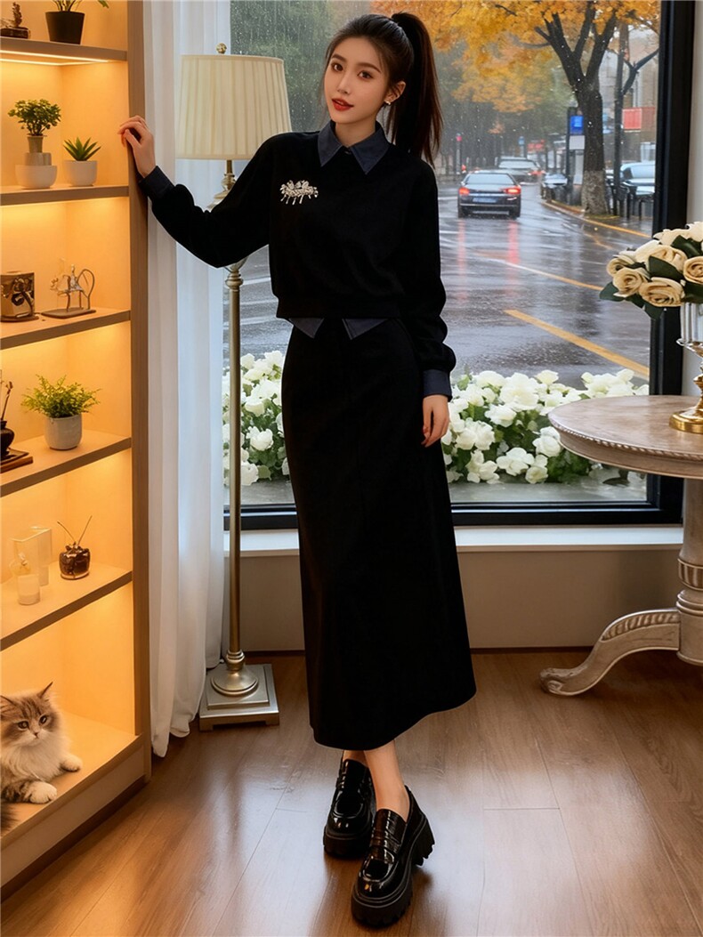 欧系时尚套装女秋撞色拼接衣领衣袖设计绣花订珠卫衣半身裙两件套,女装套装/套裙,江南