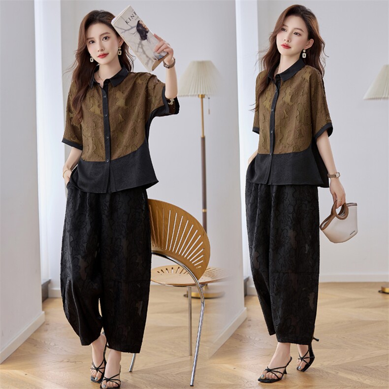 轻奢阔太太气质套装女2025夏装拼色短袖上衣萝卜阔腿裤妈妈两件套，女装套装/套裙，魅衣本色