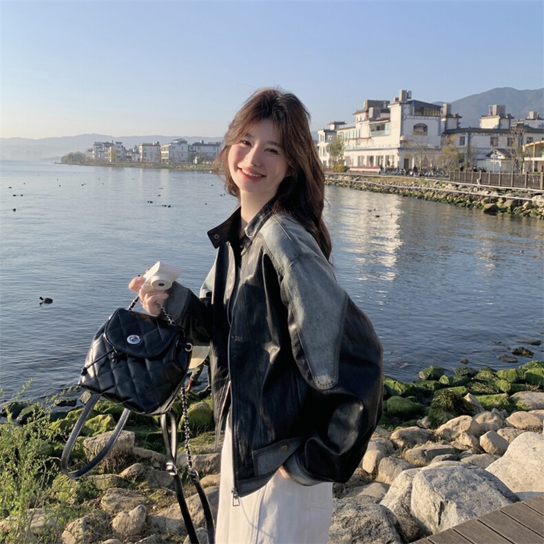 2025瑞2C278-秋新款皮衣撞色短外套P188-K268,女装短外套,2C278