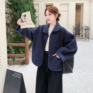 藏蓝色格子拼接羊羔毛外套女秋冬2025新款皮毛一体超好看短款上衣图片