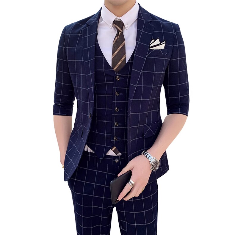 夏季商务西服三件套男装西服套装格子中袖薄款W8016-P255,男装西服,星座1012
