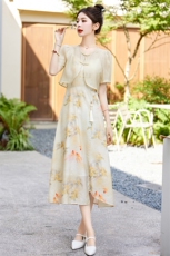 新中式改良旗袍连衣裙女夏季2025新款印花盘扣上衣+吊带裙两件套，女装套装/套裙，艾仟回(原伊仟回)