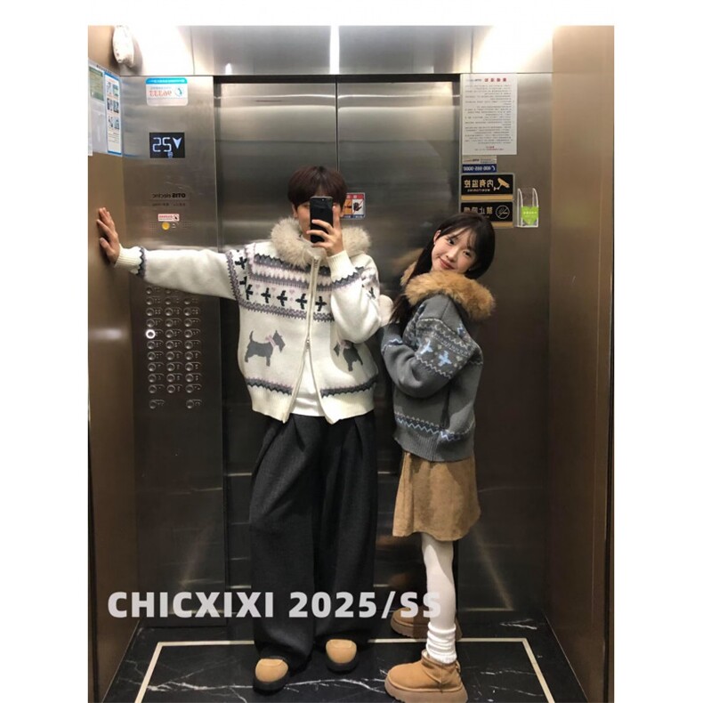 CHICXIXI25AW复古费尔岛大毛领连帽开衫双拉链毛衣外套男女秋冬,男装针织衫/毛衣,四季星座505