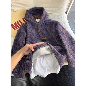 莫奈毛绒卫衣男秋冬小香风针织打底衫美式重磅连帽外套WY249 P65图片