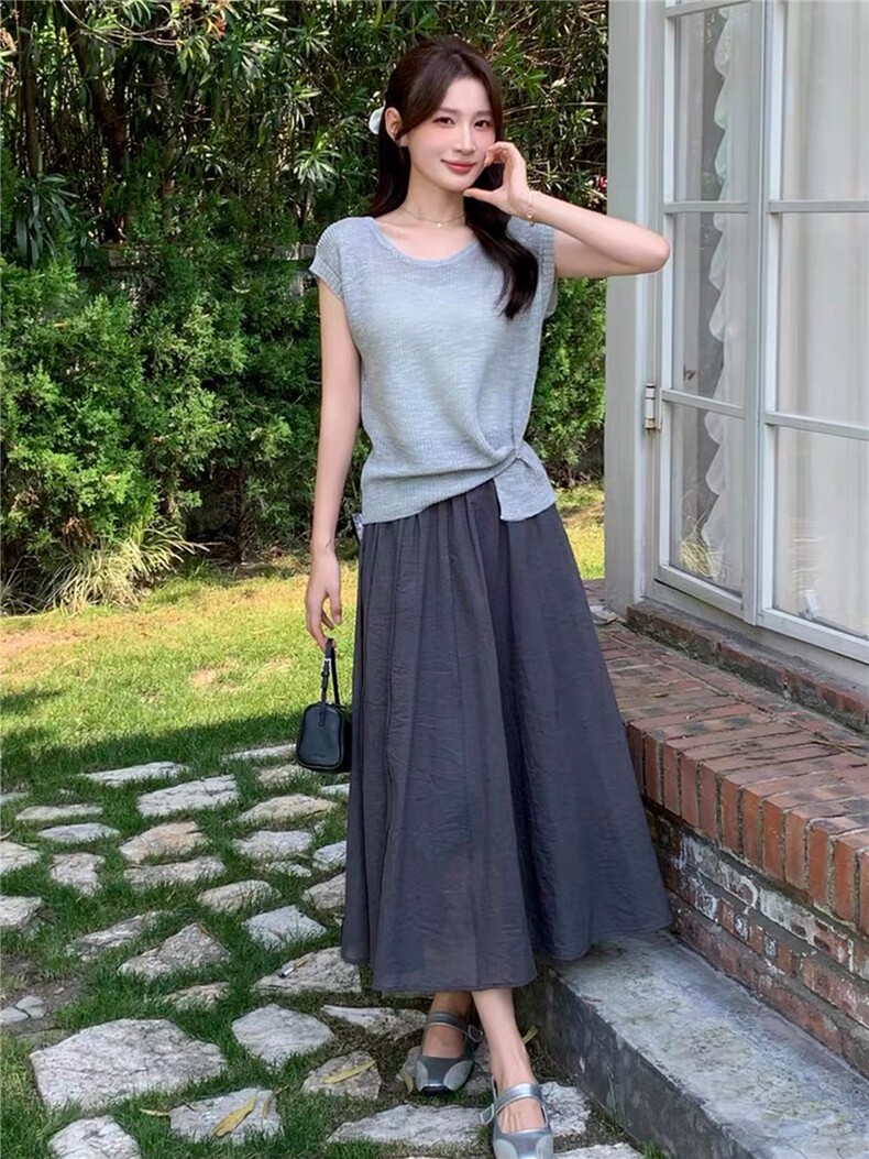 针织网纱半身裙女2026年夏季新款温柔慵懒风小个子韩版短袖两件套,女装套装/套裙,拾衣