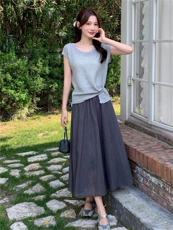 针织网纱半身裙女2026年夏季新款温柔慵懒风小个子韩版短袖两件套，女装套装/套裙，拾衣