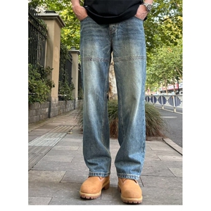拼接牛仔裤男宽松直筒水洗重磅阔腿牛仔裤1001-1-XK897-P52图片