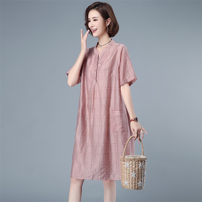 天丝连衣裙女2024夏新款时尚宽松大码中年妈妈薄款直筒中长款裙子,女装连衣裙,独衣靓