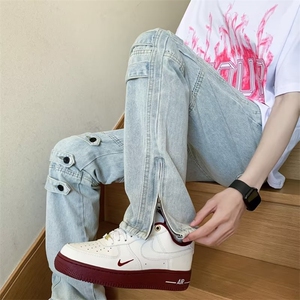 欧美高街vibe裤子男潮牌绑带设计感微喇牛仔裤拉链开叉工装直筒裤图片