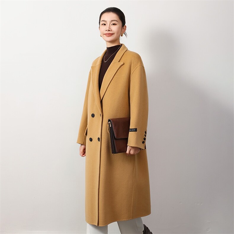 2024新款双面呢羊毛过膝修身气质长款西装领羊毛大衣女西装外套,女装双面呢大衣,爱绒人羊绒大衣工厂店