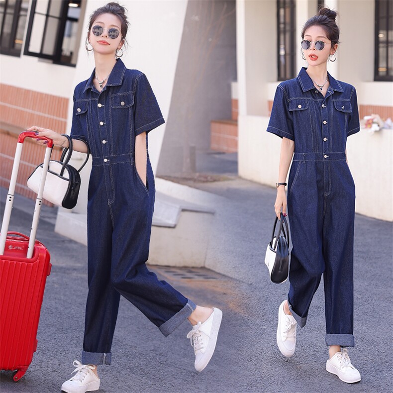 2023年夏款新款简约时尚个性气质翻领宽松显瘦薄款牛仔连体长裤，女装连体裤，瑶迪依秀