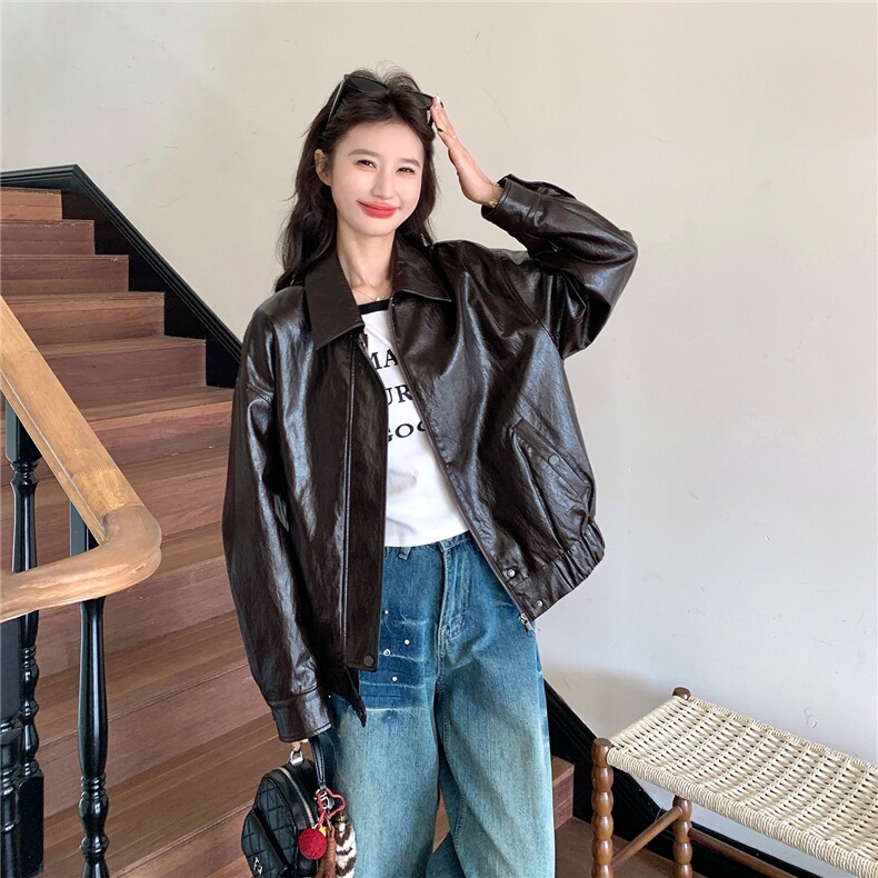 新款~~咖色短款皮衣外套W674P175K288,女装短外套,2C209