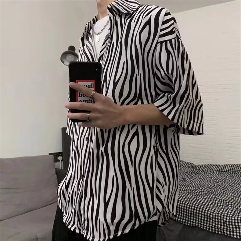 港风潮牌斑马纹设计宽松百搭衬衫潮ins夏季流行方领短袖衬衣,男装T恤,星座506A