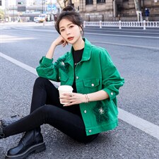 牛仔外套女绿色短款修身洋气外搭2024春装新款小个子刺绣文艺夹克图片