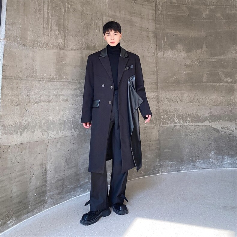 美式复古PU拼接毛呢大衣设计感长款休闲外套男303-P165，男装毛呢大衣，电商A345
