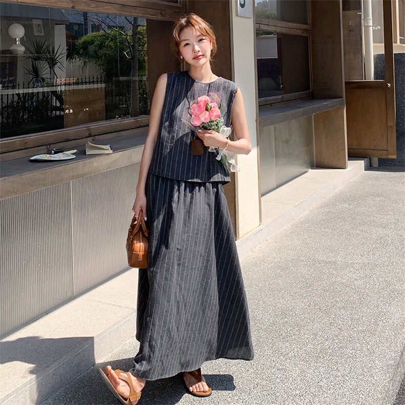 2025夏季套装！条纹两件套长裙超好看,女装套装/套裙,欧黛芙妮