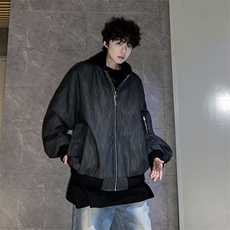 高级纹理连帽假两件皮夹克男街头宽松飞行员外套pu皮衣W6730-P80，男装皮衣，星座412-3