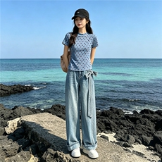 女夏季新款时尚休闲套装蓝色波点上衣烫钻阔腿牛仔长裤两件套显瘦，女装套装/套裙，江南