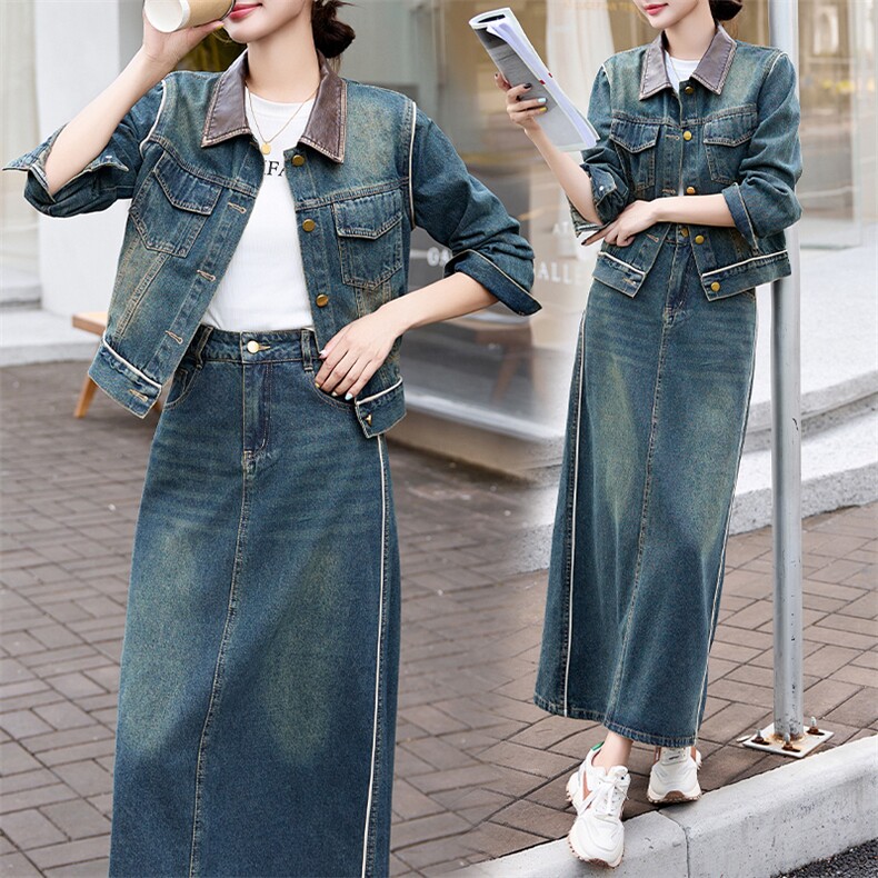 潮牌复古时尚牛仔套装女2024春秋新款洋气炸街短外套阔腿裤两件套,女装套装/套裙,江南女神