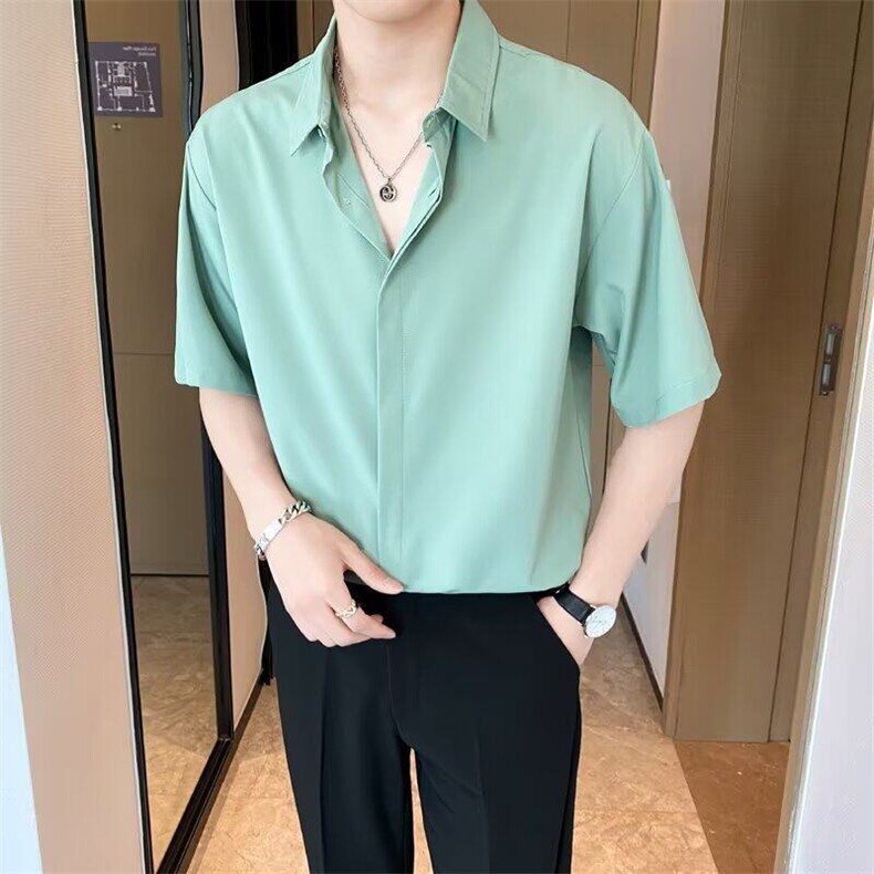 港风夏款男冰丝短袖衬衫暗按扣透气衬衣CS9P33,男装衬衫,星座1013-1