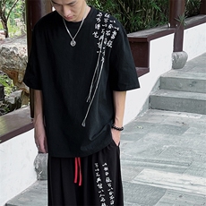 如墨新中式圆领文字刺绣流苏上衣T062-P35-控58，男装T恤，电商A021