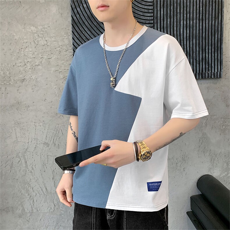 重磅纯棉撞色T恤夏季休闲店主风印花纯色百搭T恤81144-P30控58，男装T恤，星座717