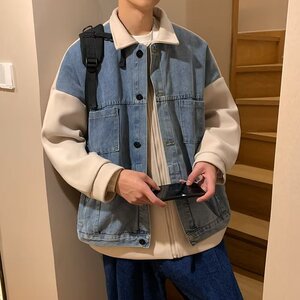 假两件牛仔外套男秋季潮牌设计感拼接港风韩版潮流宽松休闲夹克衫图片
