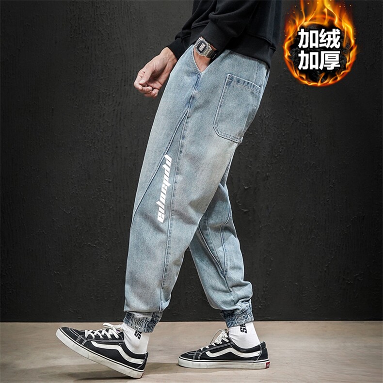 2021冬季日系马切达大码男印花拼接束脚加绒加厚牛仔裤N80161-P60，男装牛仔裤，电商A001