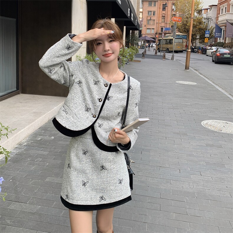 现货！刺绣小香风时尚套装女2024秋季新款女装两件套半身裙套裙子,女装套装/套裙,慧尚依恋