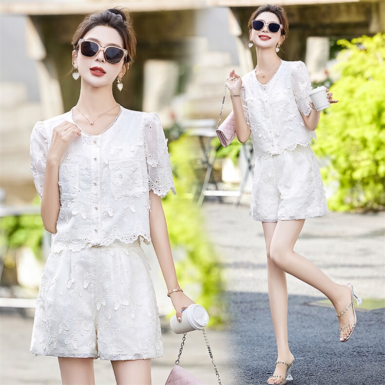 女夏季高级感套装小香风两件套短裤短袖蕾丝刺绣蝴蝶提花白色新款，女装套装/套裙，然然