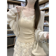 早秋韩版纯欲蕾丝边爱心提花6羊毛针织吊带内搭背心上衣，女装背心吊带，梦白服饰厂
