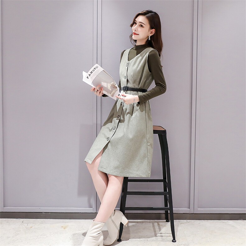 2021年新款连衣裙休闲气质韩版纽扣显瘦,女装套装/套裙,一安秀
