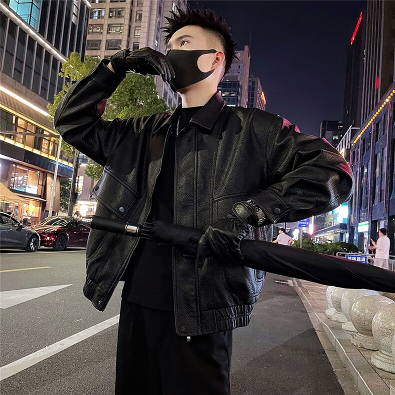 秋款夹克外套男潮牌肌理感老钱风痞帅翻领皮衣3图片