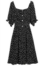 中长款显瘦高腰黑色圆点方领连衣裙，女装连衣裙，寒都衣屋