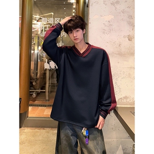 拼接V领宽松套头个性上衣复古美式运动风撞色卫衣HY710TP38图片