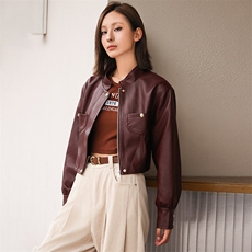 现货仿绵羊皮皮衣女短款时尚外套小立领机车款2024春秋新款潮显高，女装皮衣，美拉德工厂直营店