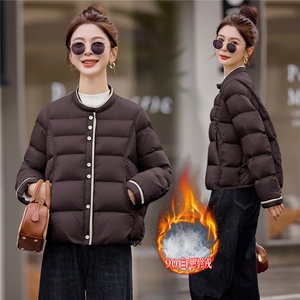 黄色时尚立领短款羽绒服女2025冬季新款宽松百搭超好看白鸭绒外套图片