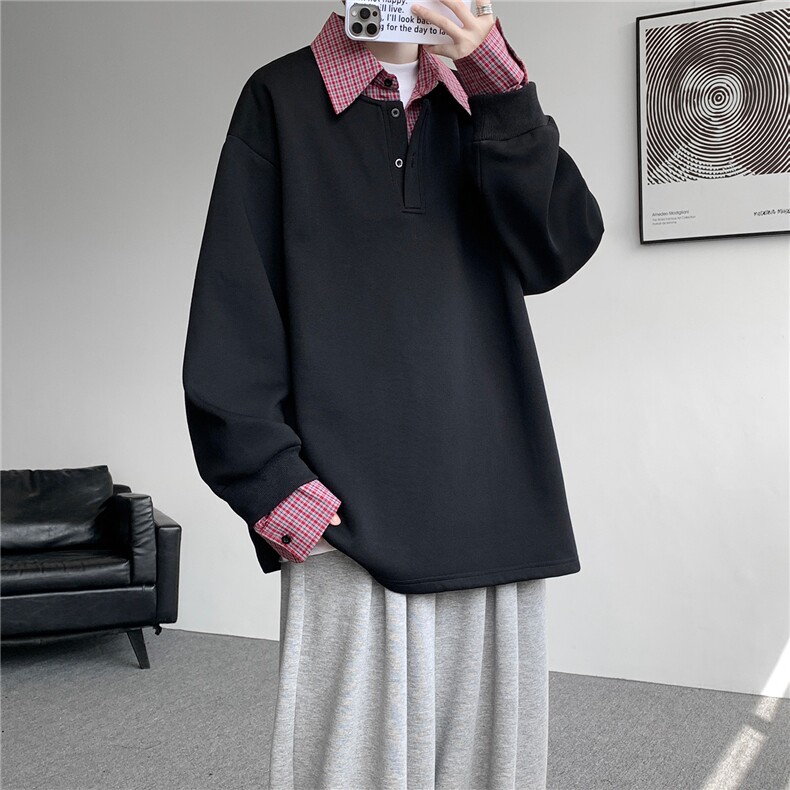 M-8XL美式假两件格子拼接翻领卫衣大码polo领长袖T恤衫WY5110/P58,男装T恤,电商B238