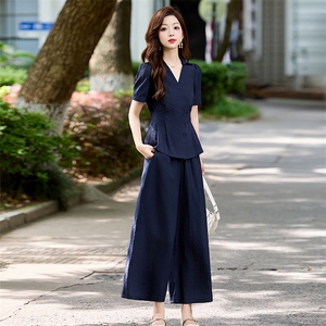 高级感时尚套装女2025夏季新款气质收腰显瘦短袖衬衫阔腿裤两件套图片