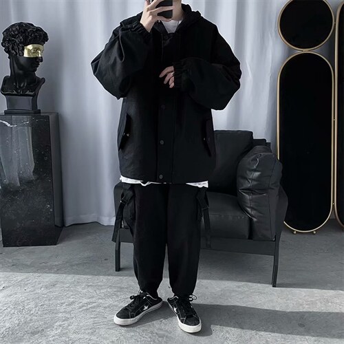 暗黑系春秋宽松外套男士ins韩版潮流机能风工装夹克百搭SY32-p65图片