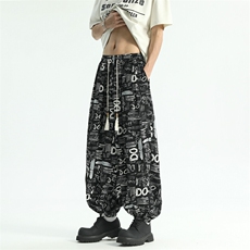 涂鸦不规则字母冰丝灯笼裤垂感宽松大码束脚裤504-K848-P50控78，男装休闲裤，星座504