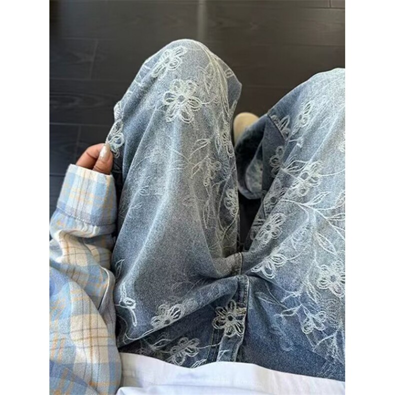 复古蓝提花水洗做旧牛仔裤男款秋冬新款美式高街直筒裤 NK171图片