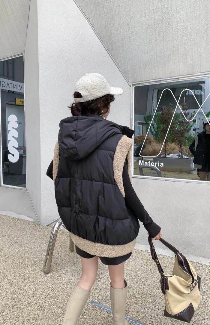 爱美欧，现货，羊羔毛拼接羽绒马甲，女装马甲，爱美欧