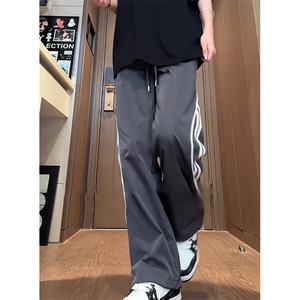 新款美式复古休闲阔腿裤男女夏季轻薄速干条纹直筒运动裤K2363P58图片
