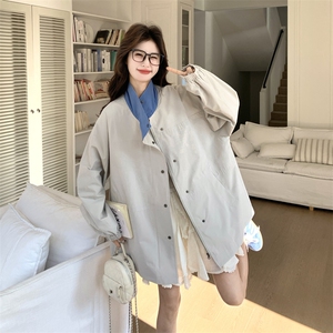 撞色拼接立领中长款休闲风衣女2026春秋新款随性松弛宽松显瘦外套图片